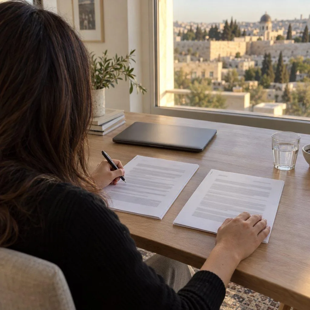 Woman at a wooden desk comparing two printed forms side by side, pen in hand, with a closed laptop and a view of Jerusalem