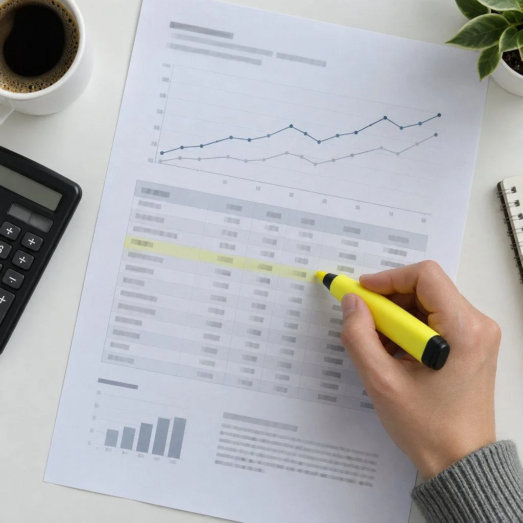 Hand highlighting one line of a printed annual pension statement with a chart, next to a calculator and a cup of coffee