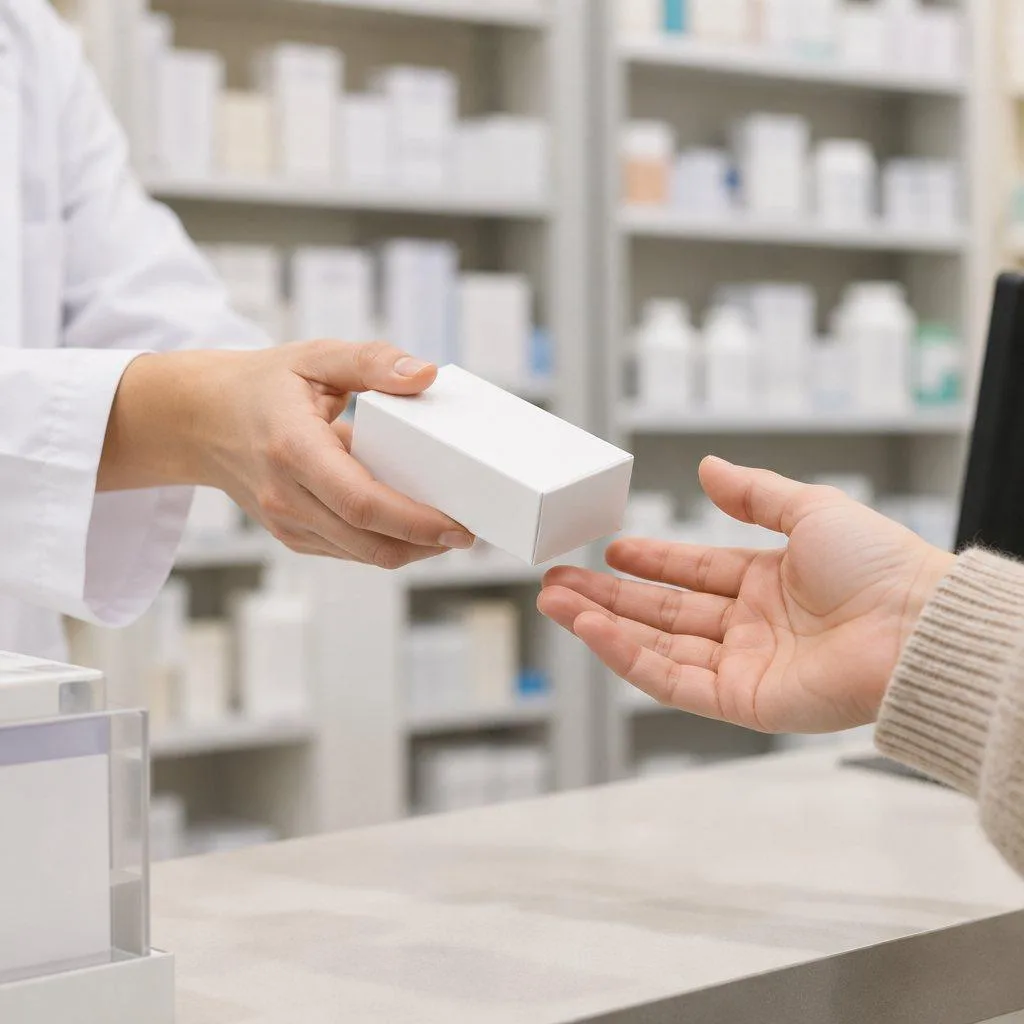Pharmacist handing a white medication box across a pharmacy counter to a customer