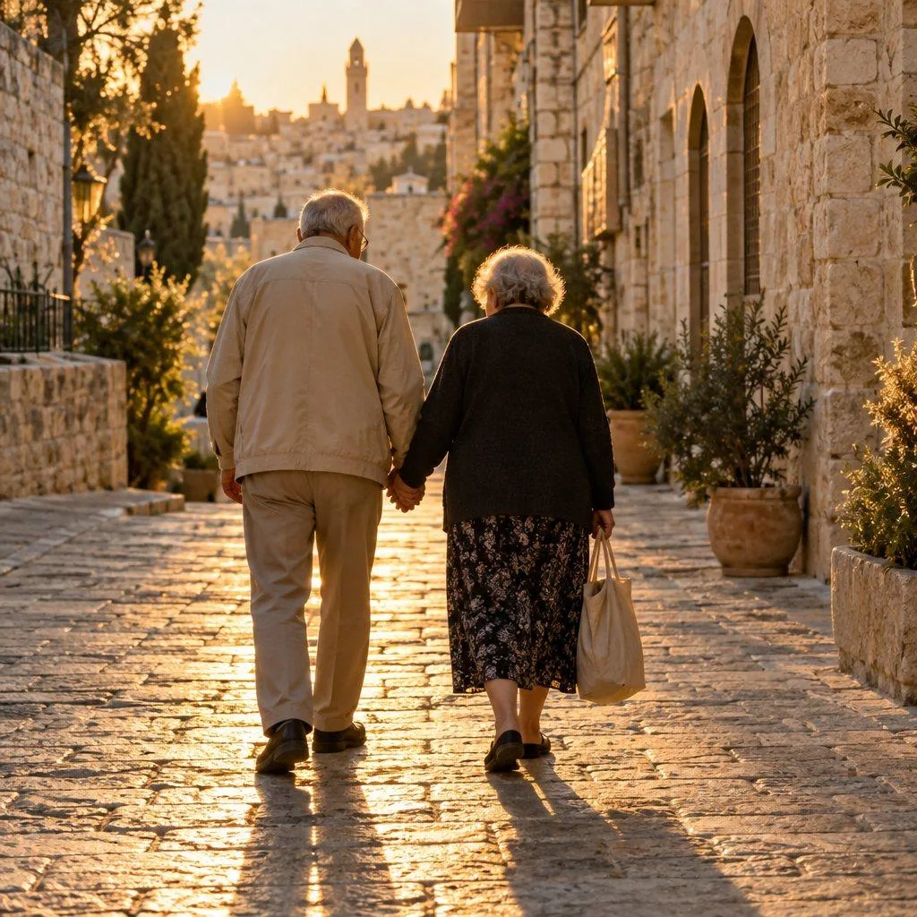 Older couple walking hand in hand along a Jerusalem stone street at sunset, seen from behind, the woman carrying a cloth bag
