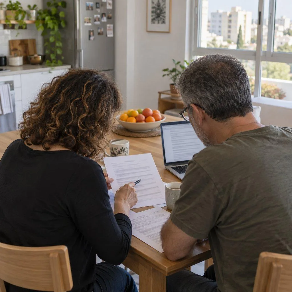 Couple at a kitchen table reviewing printed insurance documents next to a laptop